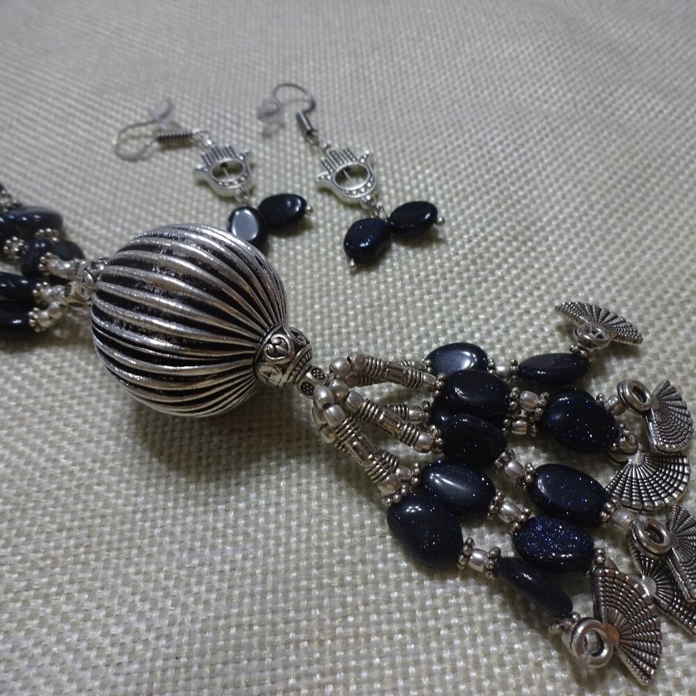 Unique BLUE SUNSTONE & ORNATE SILVER Handmade 26" Necklace with Earrings #166C